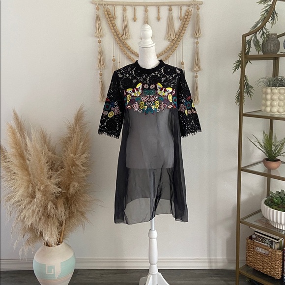Beautiful black organza overlay babydoll sheer dress embroidered lace butterfly - Picture 6 of 16